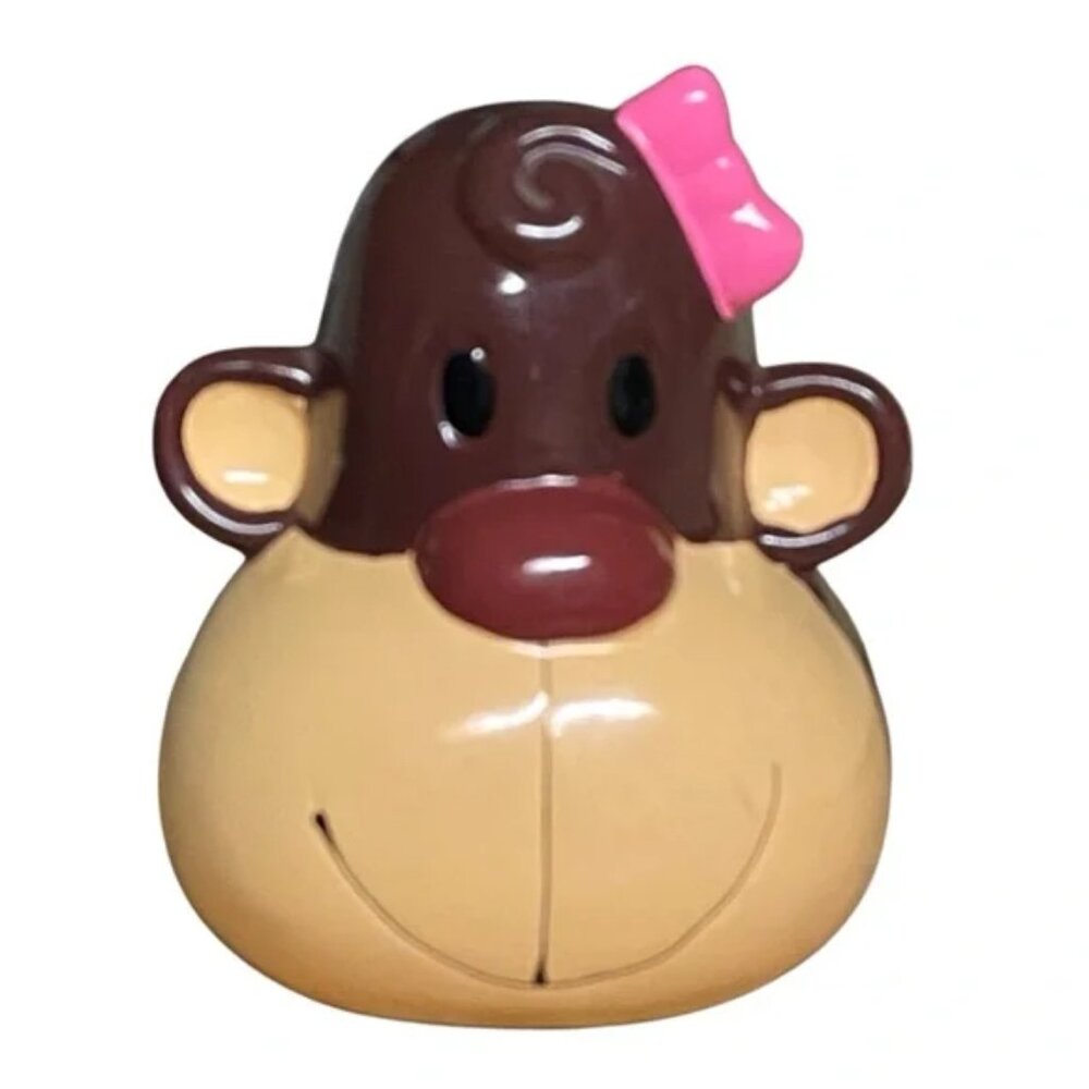 Silly Face Monkey Coin Bank with Pink Bow and Stopper 5” tall x 4” wide